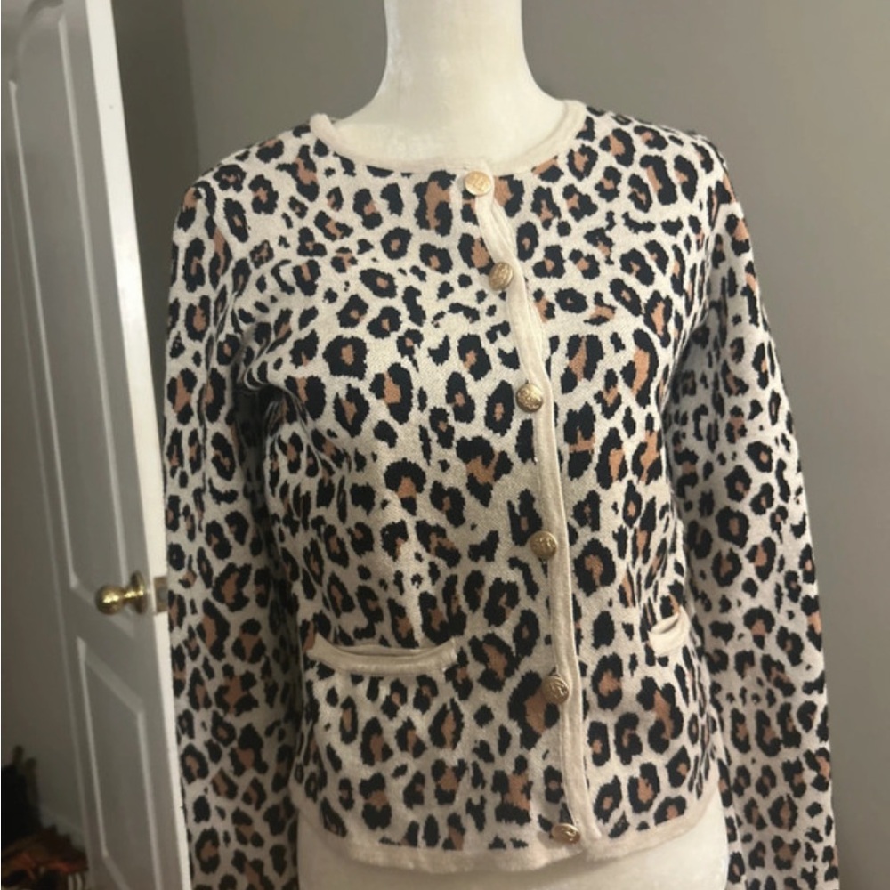 Leopard Print Crewneck Blazer Jacket in Cream and Brown
